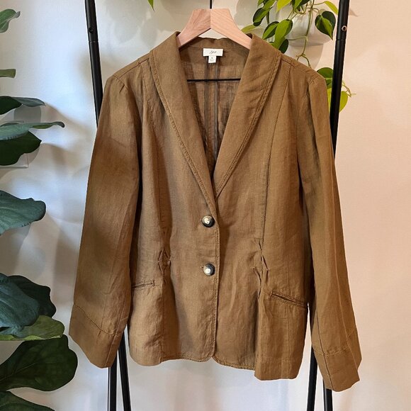 J. Jill Jackets & Blazers - J.Jill 100% Linen Blazer Jacket M Brown Textured Button Front Ruched Detail